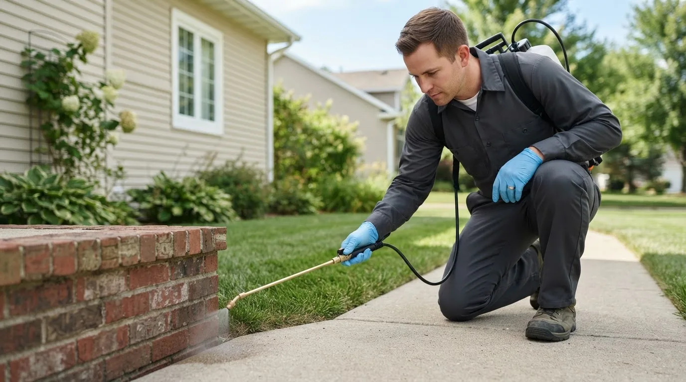 Pest control technician treating a home near Axis, AL
